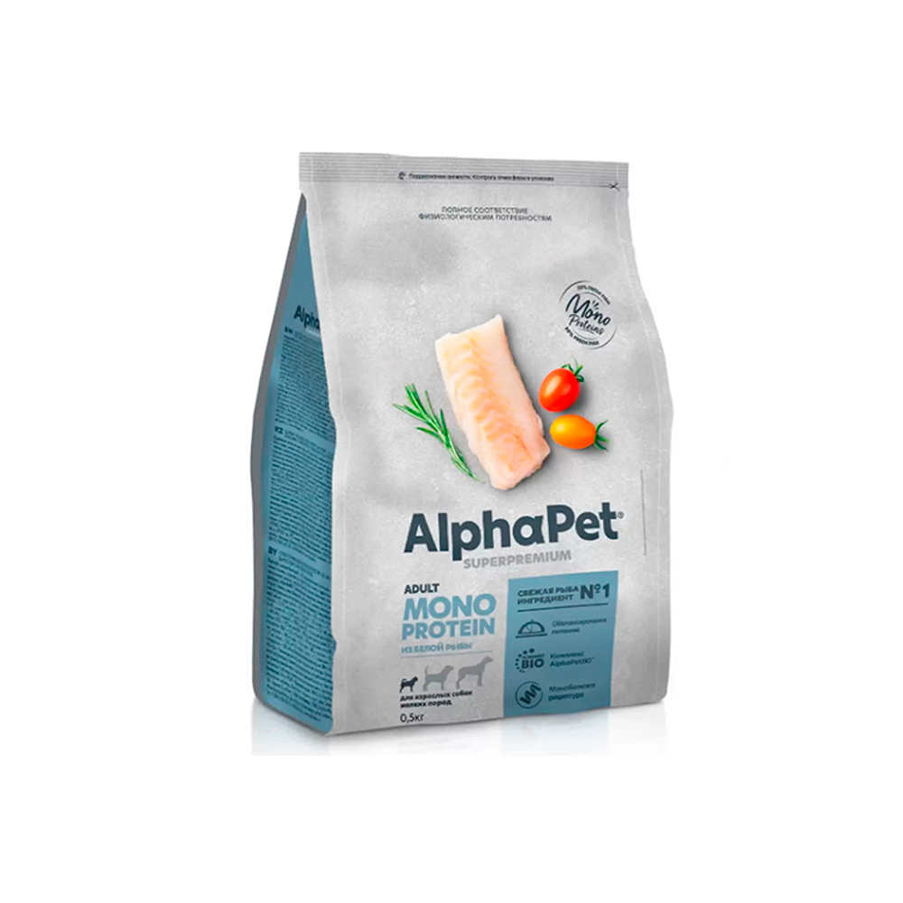 Сухой корм AlphaPet Superpremium MONOPROTEIN из белой рыбой 500г для собак мелких пород