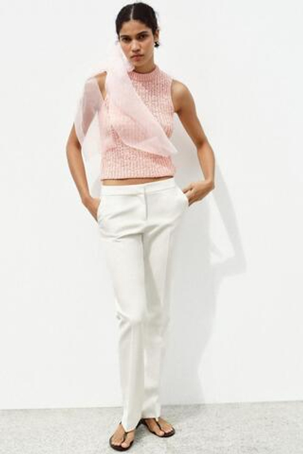 ZARA ТРИКОТАЖНЫЙ ТОП С БАНТОМ ИЗ ОРГАНЗЫ, РОЗОВЫЙ