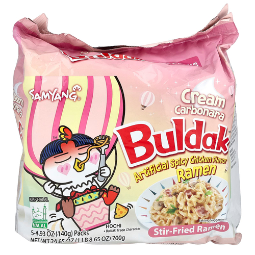 Buldak, Buldak ™, жареный рамэн, пряная курица, карбонара с кремом, 5 пакетиков по 140 г (4,93 унции)