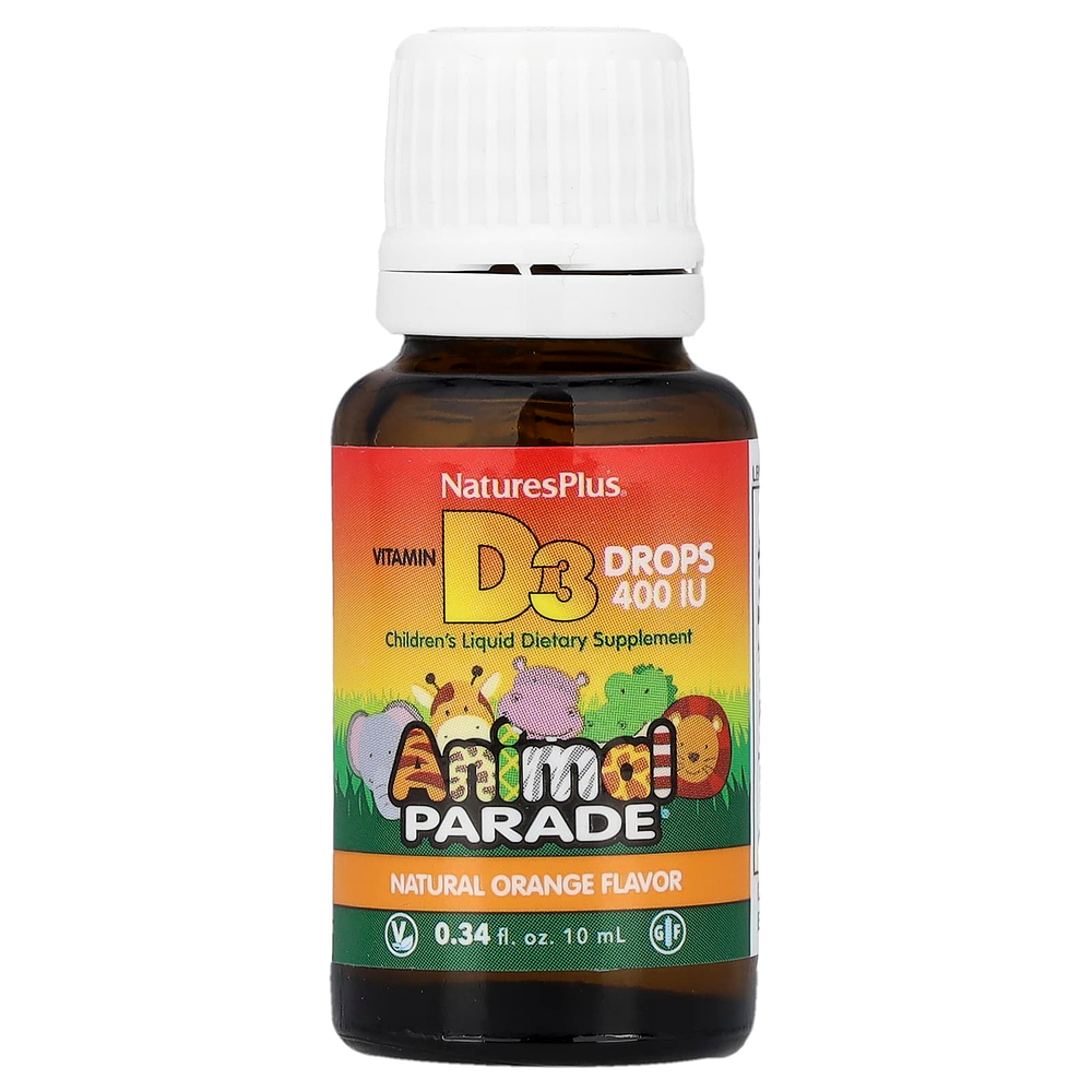 NaturesPlus, Animal Parade®, витамин D3 в каплях, с натуральным апельсиновым вкусом, 10 мкг (400 МЕ), 10 мл (0,34 жидк. унции)