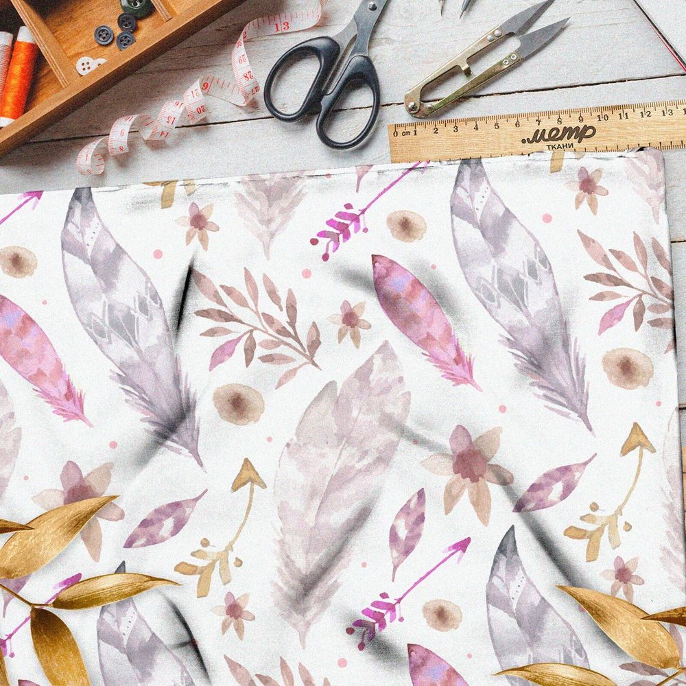 Ткань сатин акварельные перышки