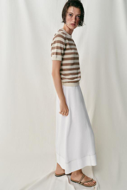 ZARA ТРИКОТАЖНЫЙ ТОП С КОРОТКИМИ РУКАВАМИ, ЭКРЮ/КОРИЧНЕВЫЙ