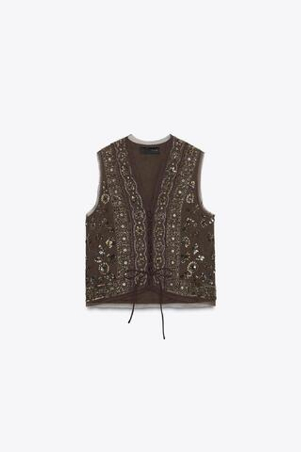 ZARA ЖИЛЕТ С ВЫШИВКОЙ И БУСИНАМИ — ZW COLLECTION, ШОКОЛАДНО-КОРИЧНЕВЫЙ