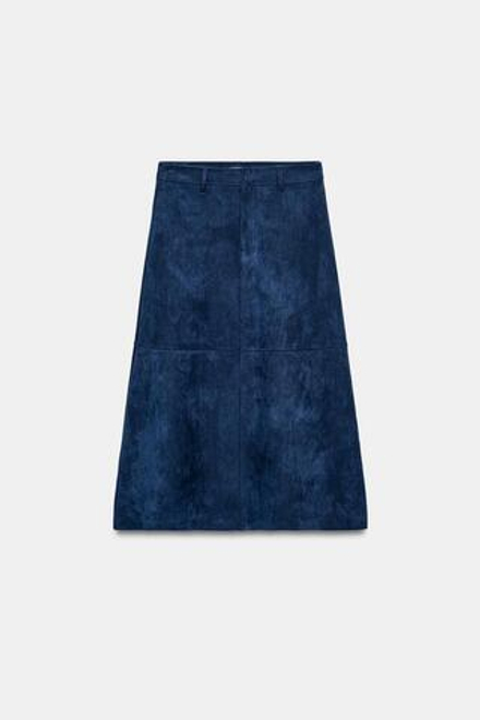 ZARA ЮБКА-КЛЁШ ИЗ ИСКУССТВЕННОЙ ЗАМШИ, ВЫЦВЕТШИЙ СИНИЙ