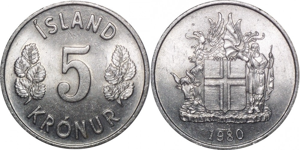 Исландия 5 крон, 1969 - 1980 Герб XF