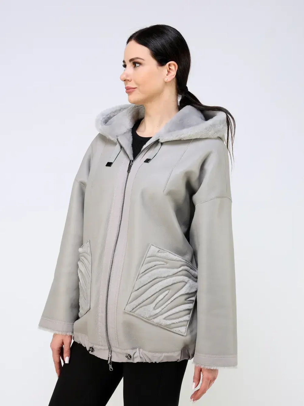 Дубленка зимняя двухсторонняя шуба с капюшоном