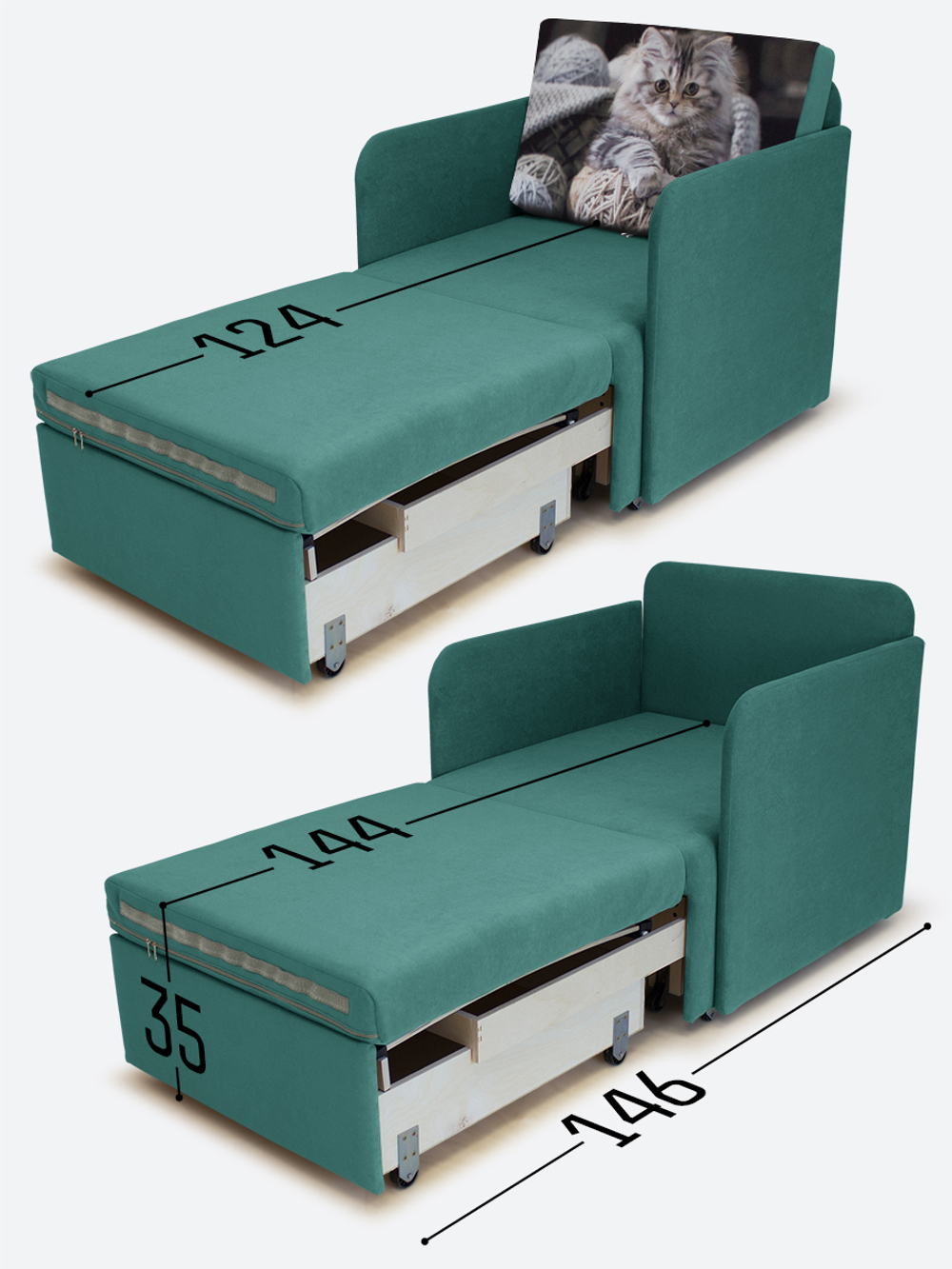 Кресло-кровать "Миник" с подлокотниками Dream Mint купон Котенок в клубках