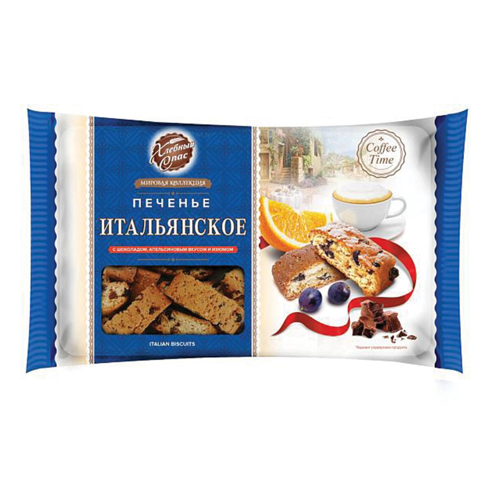 Печенье ХЛЕБНЫЙ СПАС «Итальянское» с шоколадом, апельсиновым вкусом и изюмом, 320 г, пакет