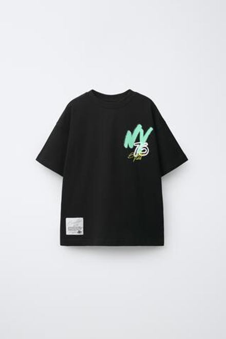 ZARA ФУТБОЛКА С ПРИНТОМ ГРАФФИТИ, ЧЕРНЫЙ