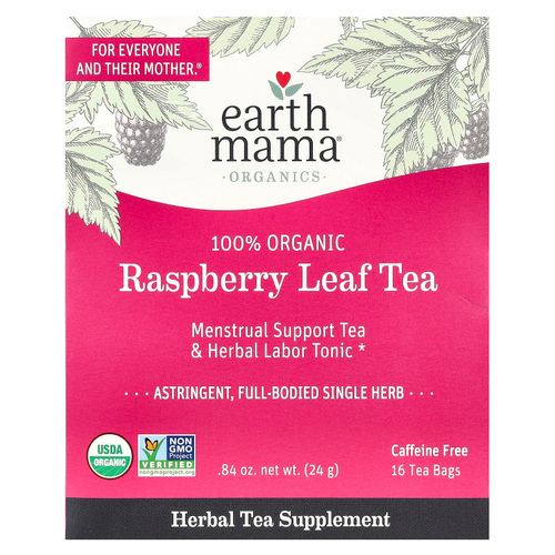 Earth Mama, Organics, 100% органический чай из листьев малины, без кофеина, 16 чайных пакетиков, 24 г (0,84 унции)