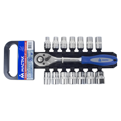 МАСТАК (0-4015H) Набор торцевых головок с трещоткой 1/2", 6-гранные, 8-24 мм, 15 предметов