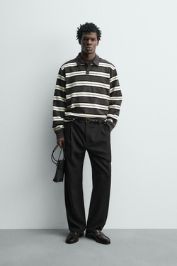 ZARA ПОЛО REGULAR FIT В ПОЛОСКУ, ЭКРЮ/КОРИЧНЕВЫЙ