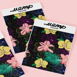 Ткань ниагара нежно жёлтые и розовые орхидеи
