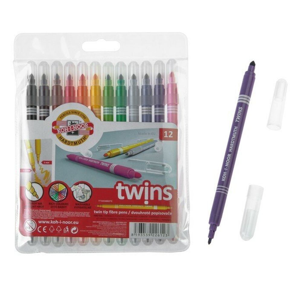 Фломастеры KOH-I-NOOR, 12 цветов, двухсторонние, 1 и 3 мм, смываемые, пластиковая упаковка, подвес, 771023AB02TE