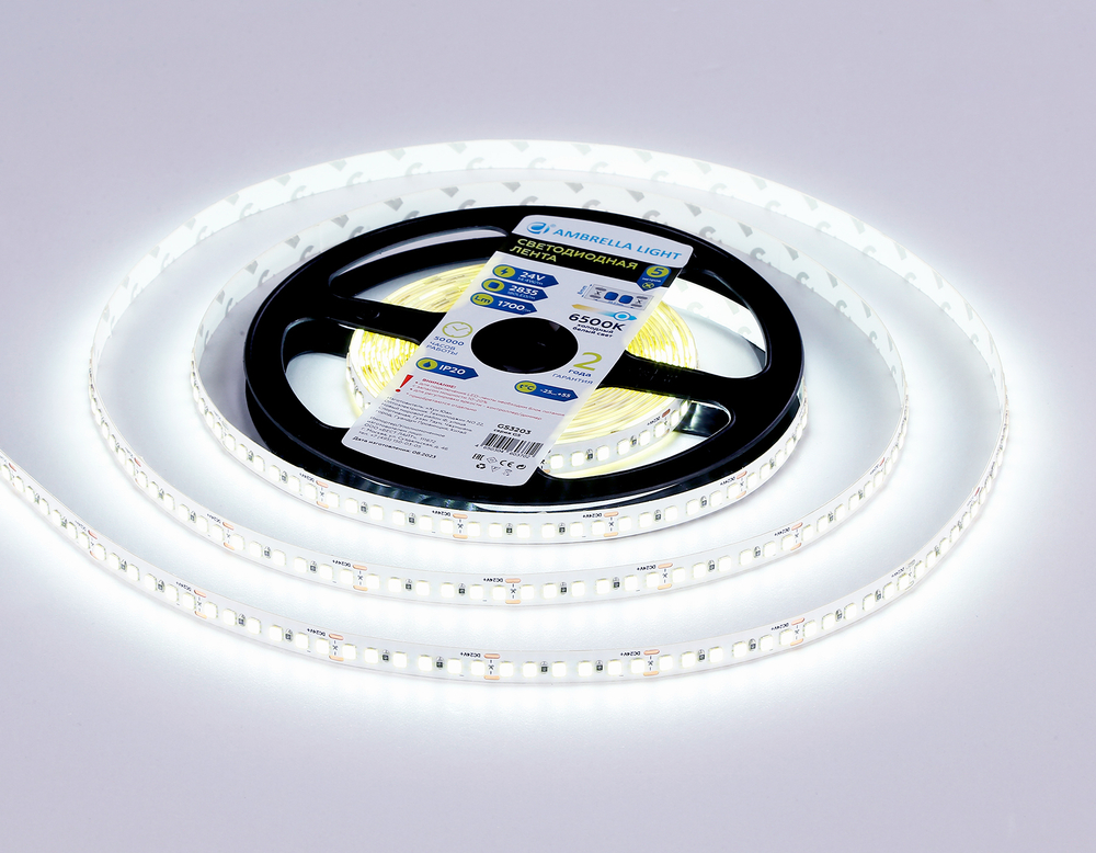 Светодиодная лента GS3203 2835 180Led/ 14.4W m/ 24V IP20 6500K/ 5000*8*1.2mm/ кратность резки 33mm (2 конт.)