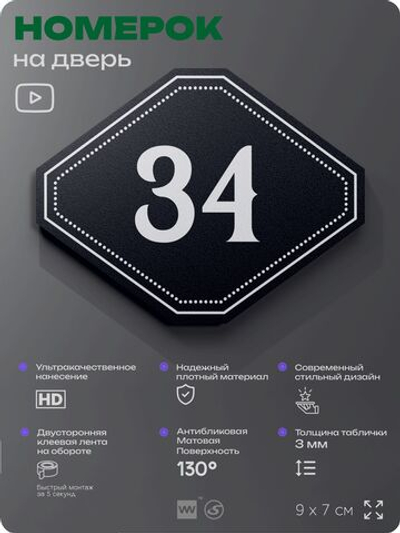 Номерок на дверь квартиры 34, для кабинета, офиса, шильдик 9 х 7 см, черный, Айдентика Технолоджи