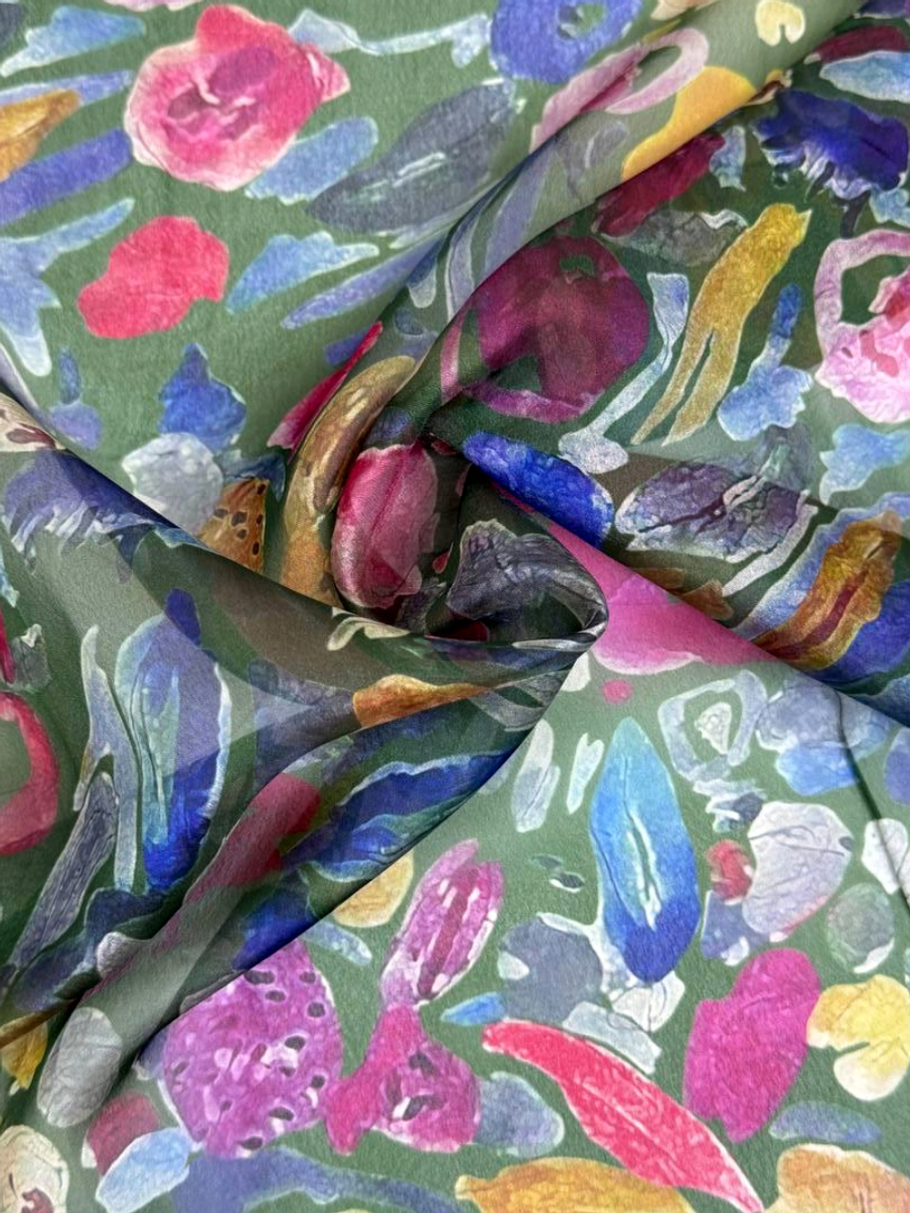 Шифон принт, silk, акварель желтый/синий/фуксия на сером RH D2C2