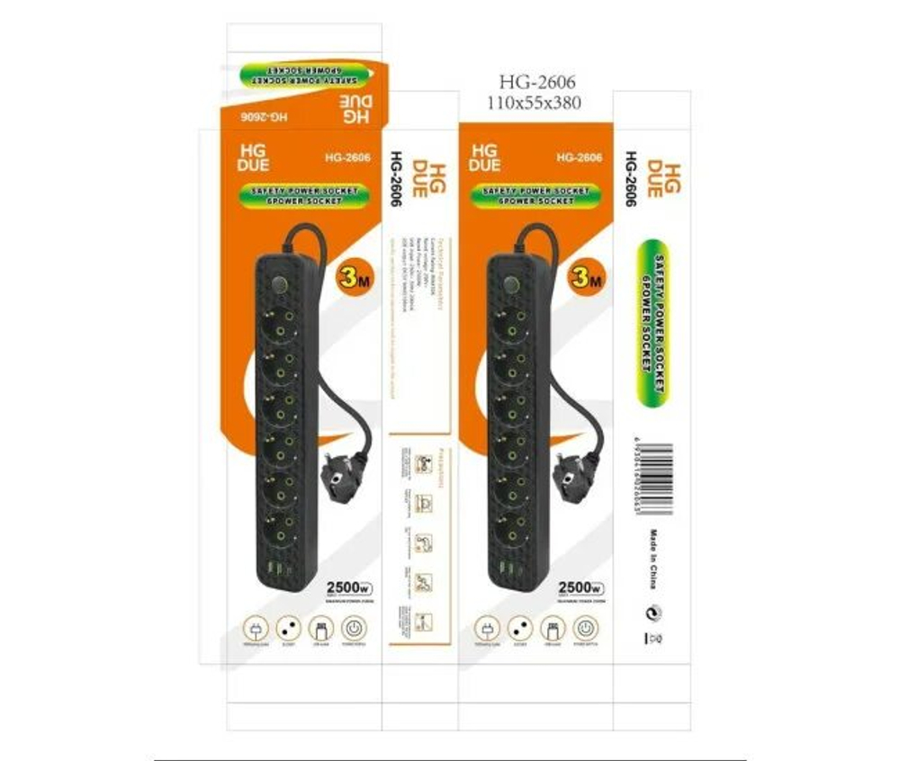 Сетевой фильтр HG-2606 3м 6 роз TypeC+2USB