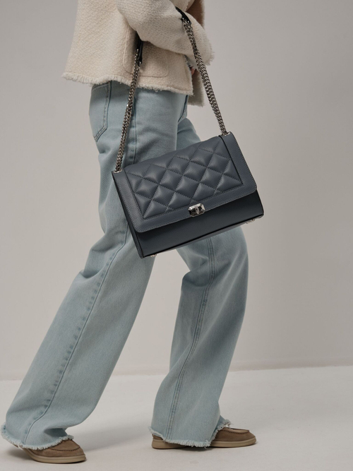 Сумка кожаная на плечо сине-серая