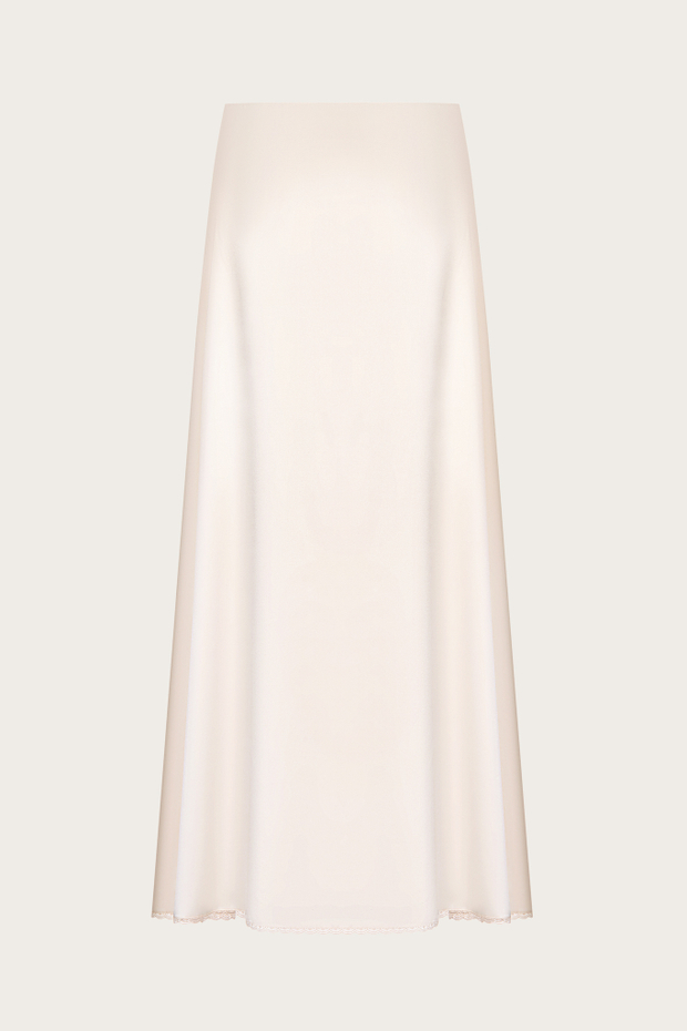 ЮБКА ИЗ БЕЖЕВОГО ШЕЛКА С ОТДЕЛКОЙ КРУЖЕВОМ