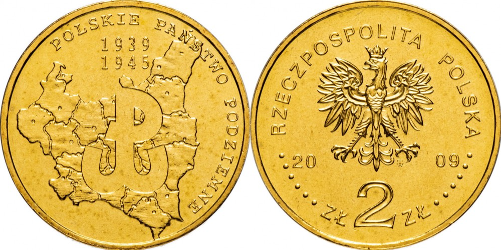 Польша 2 злотых, 2009 70 лет польскому подпольному движению