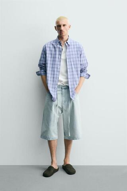 ZARA ДЖИНСОВЫЕ ШОРТЫ BAGGY С ВЫШИВКОЙ, ГОЛУБОЙ