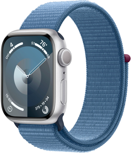 Apple Watch Series 9, 41 мм, корпус из алюминия Silver, тканевая спортивная петля Winter Blue