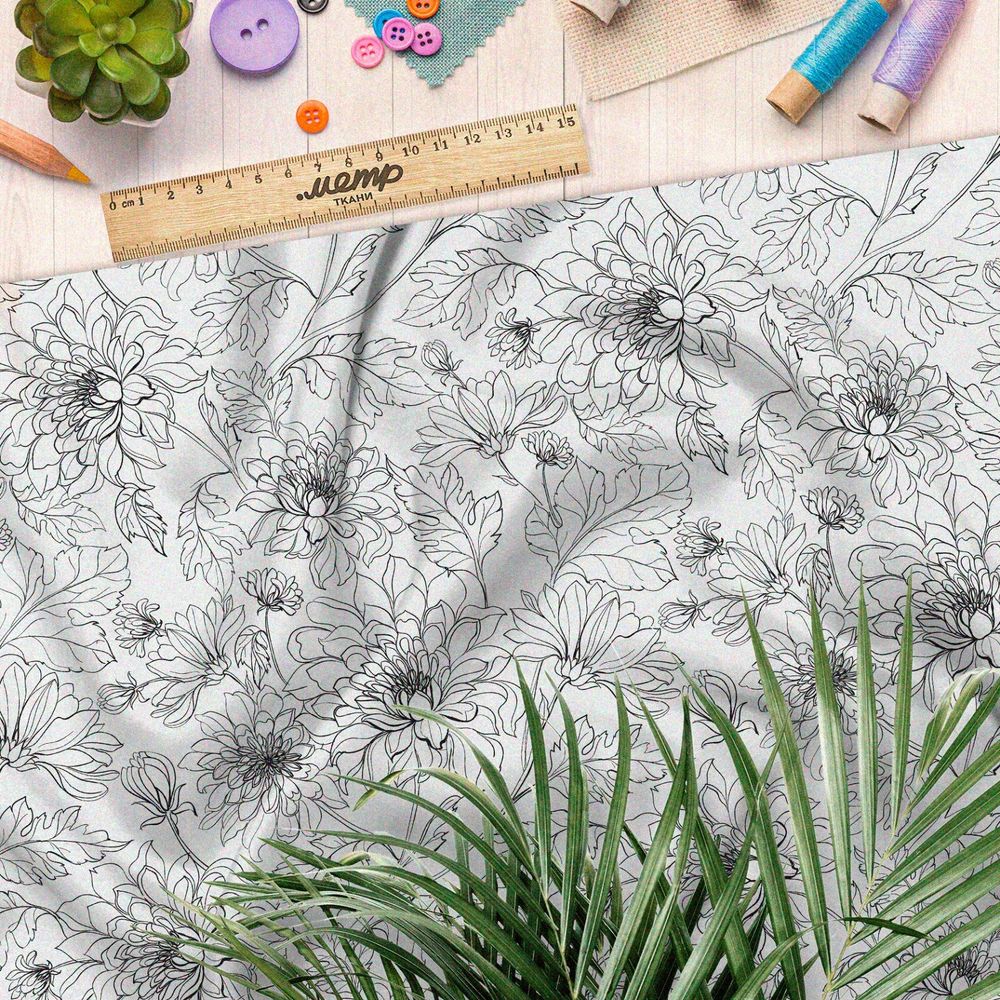 Ткань дюспо нарисованные георгины на белом фоне