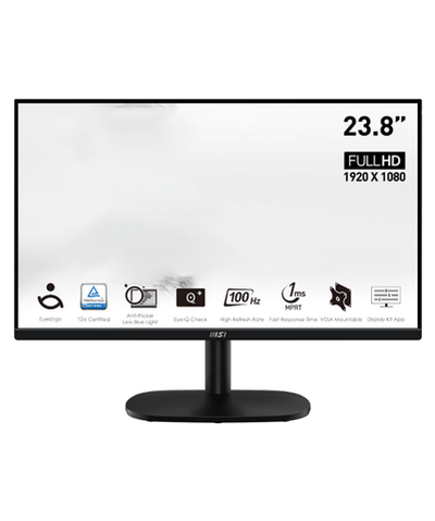 MSI PRO MP245V 23,8" 16:9 FHD(1920x1080) VA Flat,1ms(MPRT),4000:1,100M:1,300nit,178/178,HDMI 1.4,VGA(D-Sub),Tilt,VESA,100Hz,Black,1y war-ty