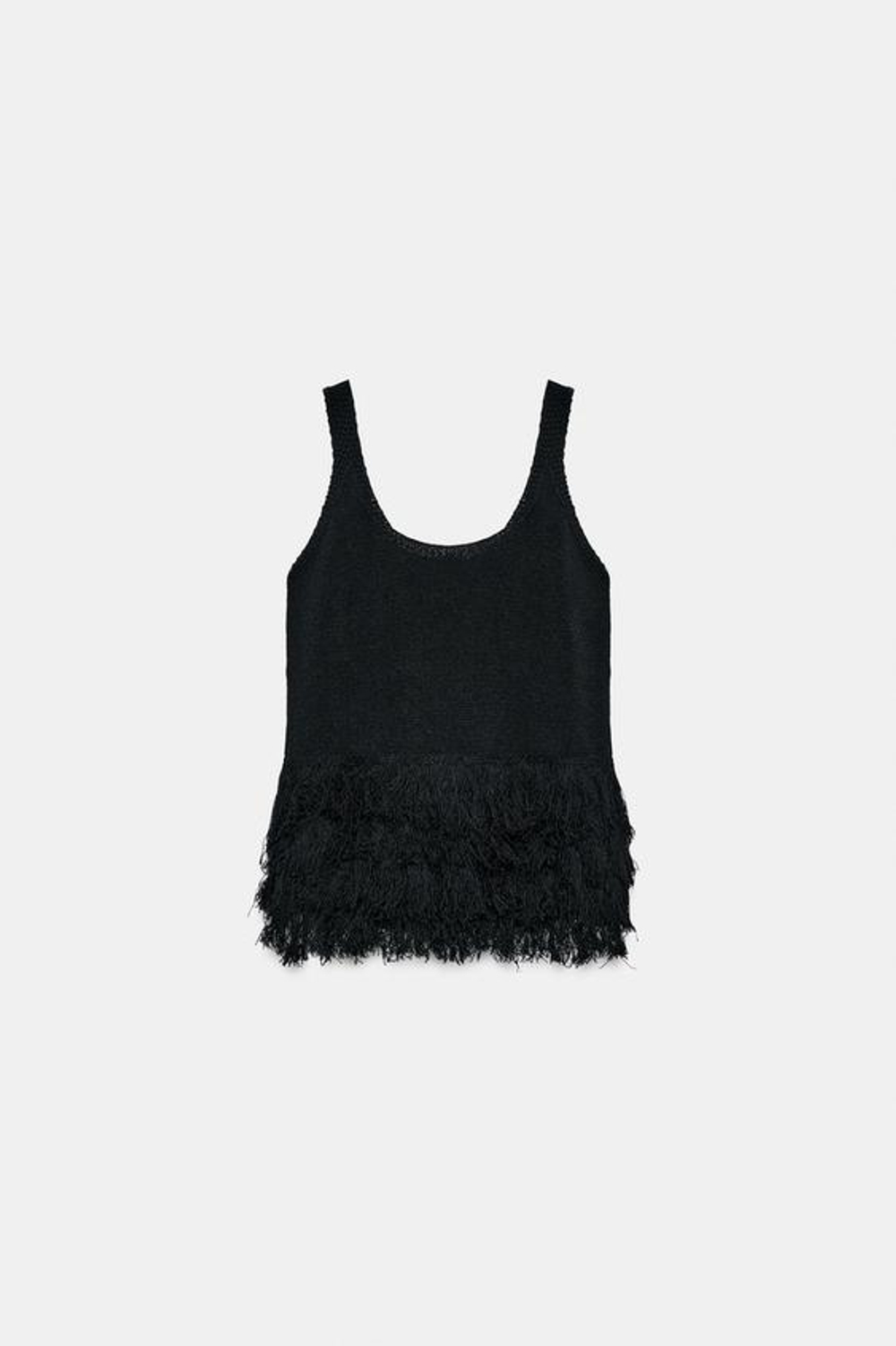 ZARA ТРИКОТАЖНЫЙ ТОП С БАХРОМОЙ, ЧЕРНЫЙ