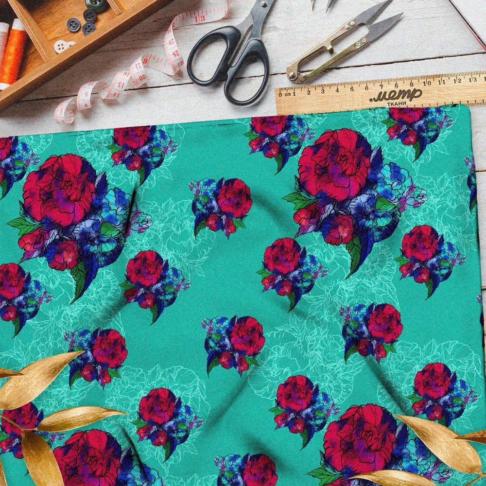 Ткань оксфорд 600 красно-синие цветы на бирюзовом