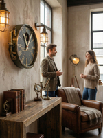 Настенные часы Oriental Express WOODandROOT в жилом интерьере, акцентный объект на стене гостиной