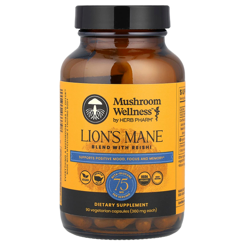 Herb Pharm, Mushroom Wellness ™, смесь из львиной гривы и рейши, 90 вегетарианских капсул