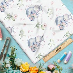 Ткань саржа акварельные бегемотики