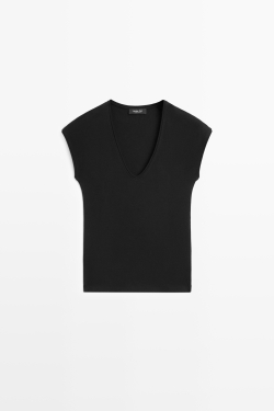 Massimo Dutti Футболка с V-образным вырезом, черный