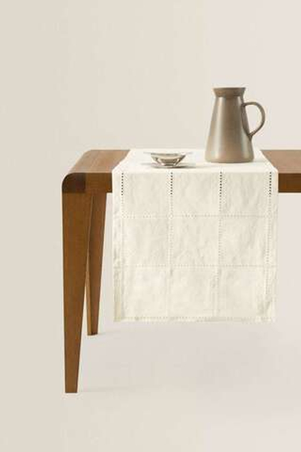 ZARA HOME ДОРОЖКА ДЛЯ СТОЛА С ВЫШИВКОЙ В КЛЕТКУ, ЭКРЮ