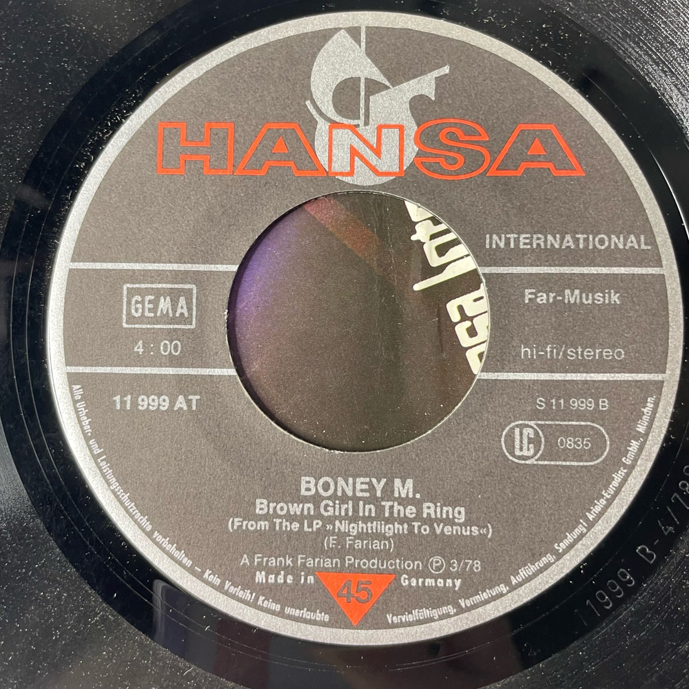 Винтажная виниловая пластинка 7 дюймов (маленькая пластинка) Boney M. Rivers Of Babylon / Brown Girl In The Ring (Германия 1978)