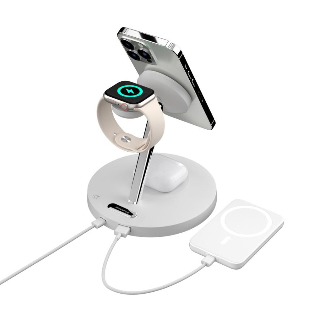 Зарядная станция MagSafe SwitchEasy MagPower для iPhone, Apple Watch и AirPods (WS41) Беспроводная зарядка: Qi 15 Вт, Qi 5 Вт, магнитное крепление для зарядки Apple Watch (Qi 2 Вт). Проводная зарядка: нет