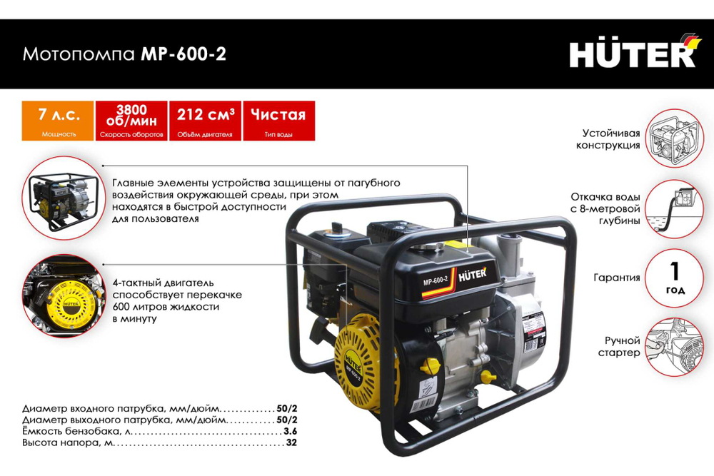 Мотопомпа Huter MP-600-2 70/11/8