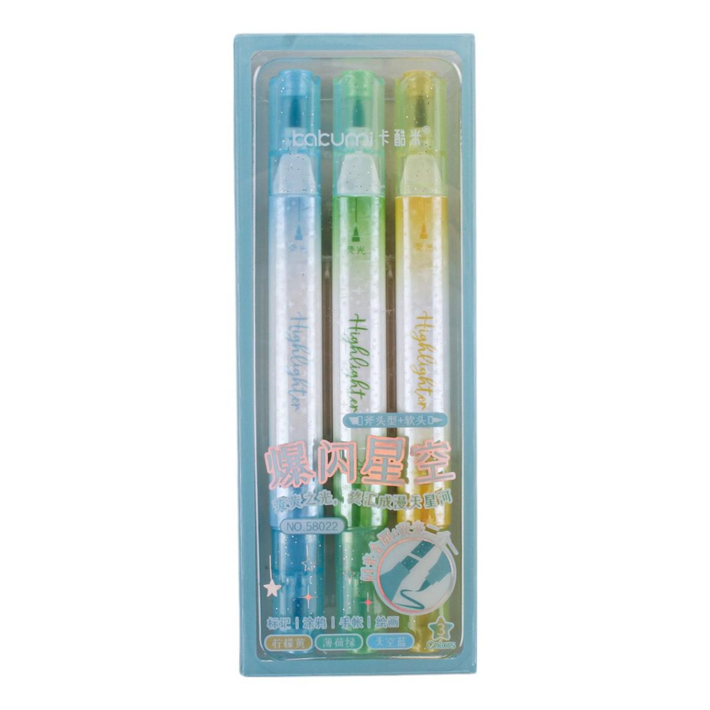 Набор текстовыделителей 3шт. 2-х стор,1 стор-кисточка,цв.пастель, 2 стор-с блестк. голубой