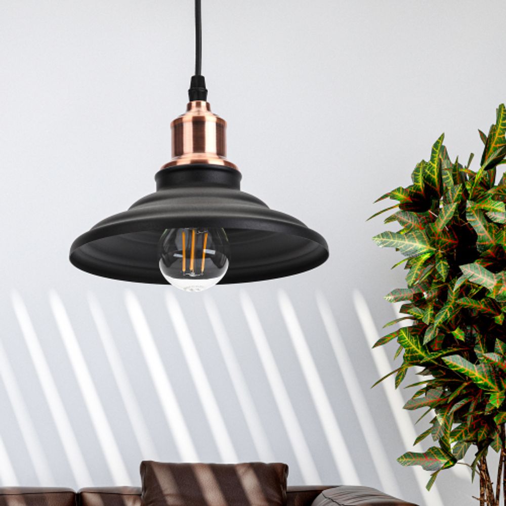 Светильник подвесной (подвес) ЭРА PL4 BK/RC металл, E27, max 60W, высота плафона 80мм, подвеса 800мм, черный/медь | Подвесы в стиле LOFT