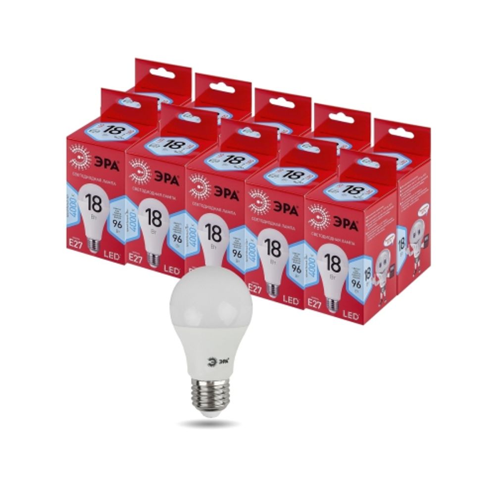 Лампа светодиодная ЭРА RED LINE LED A65-18W-840-E27 R 18Вт груша нейтральный белый свeт Е27 | Лампы cветодиодные Груша (A)