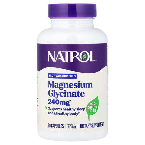 Natrol, глицинат магния, высокая степень усвояемости, 60 капсул (120 мг в 1 капсуле)
