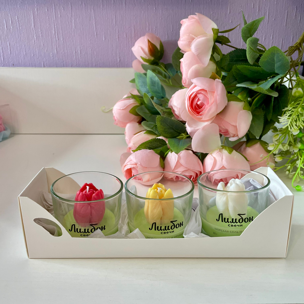 Набор ароматических свечей Белый, Желтый и Красный тюльпаны