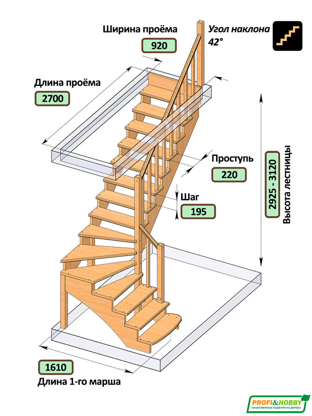 Лестница на второй этаж К-001м/4 Правая c подступенками