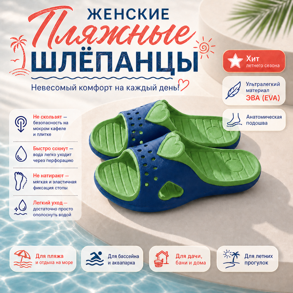 Женские пляжные шлепанцы Light Company 176, Синий/Зеленый