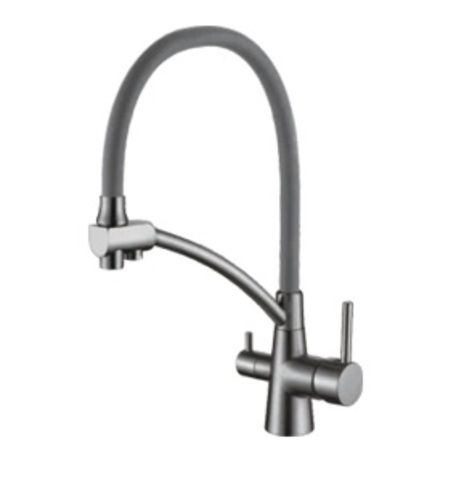 Cмеситель для кухни с выходом для питьевой воды гибкий силиконовый излив оружейная сталь