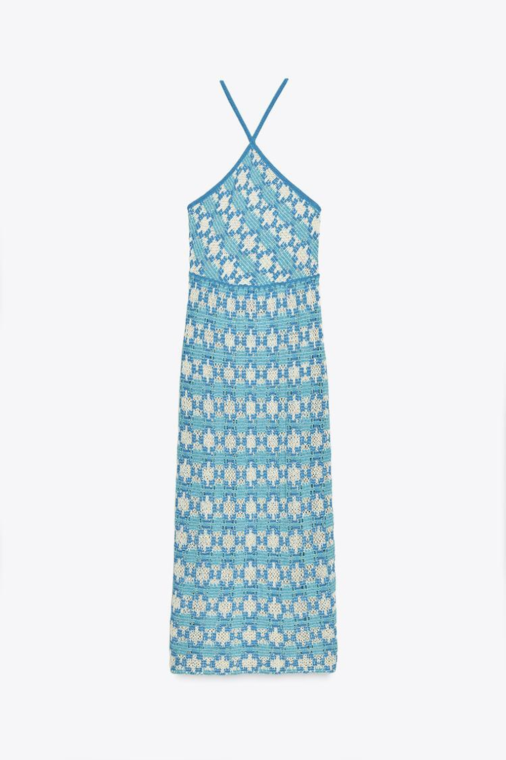 ZARA ПЛАТЬЕ С ГОРЛОВИНОЙ ХАЛТЕР, СИНИЙ/БЕЛЫЙ
