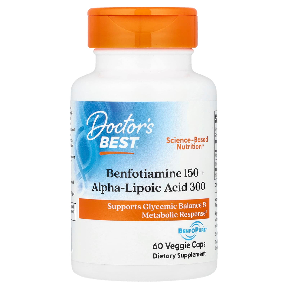 Doctor's Best, бенфотиамин 150 и альфа-липоевая кислота 300, 60 вегетарианских капсул