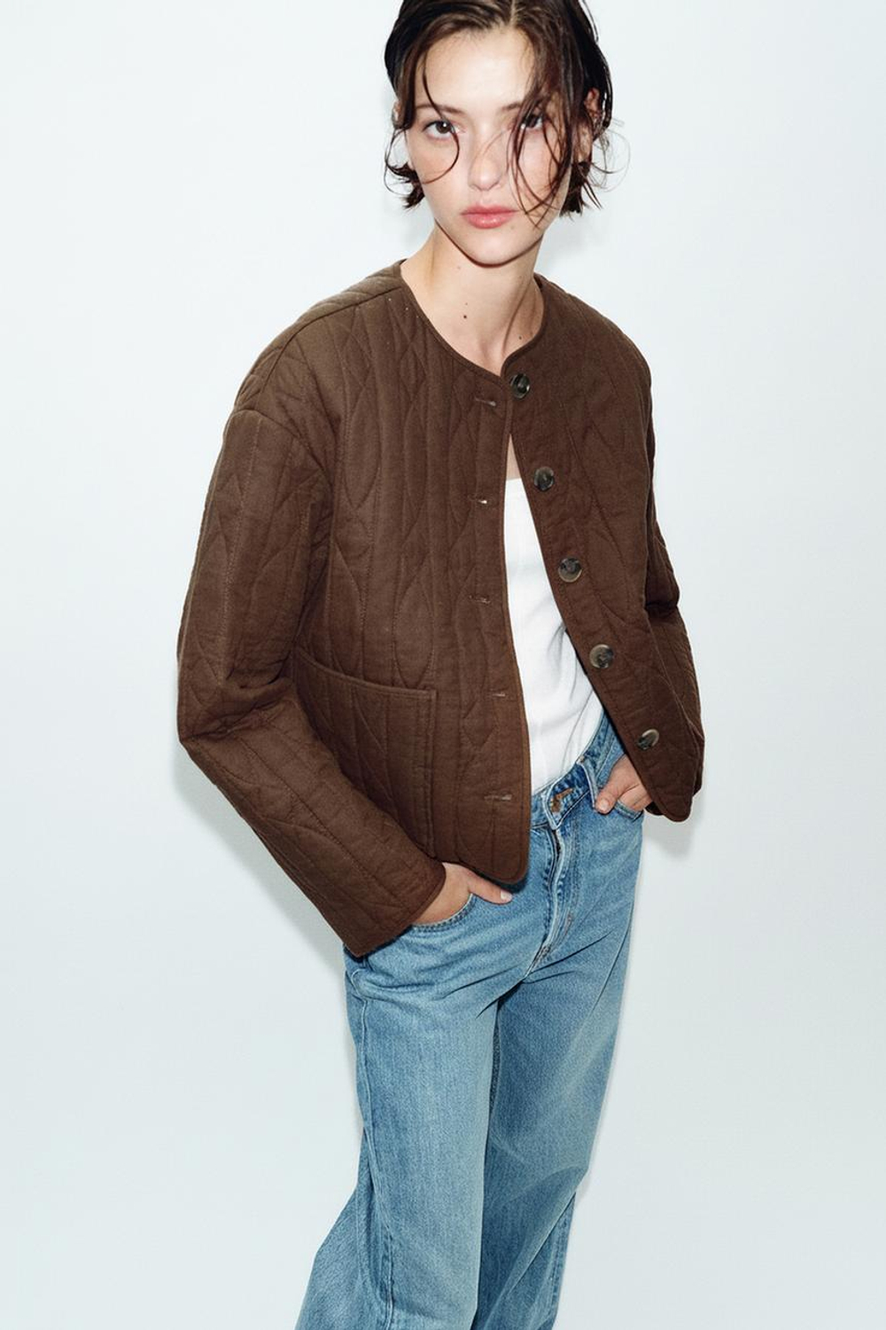 ZARA СТЁГАНАЯ КУРТКА ИЗ ЛЬНА, КОРИЧНЕВЫЙ